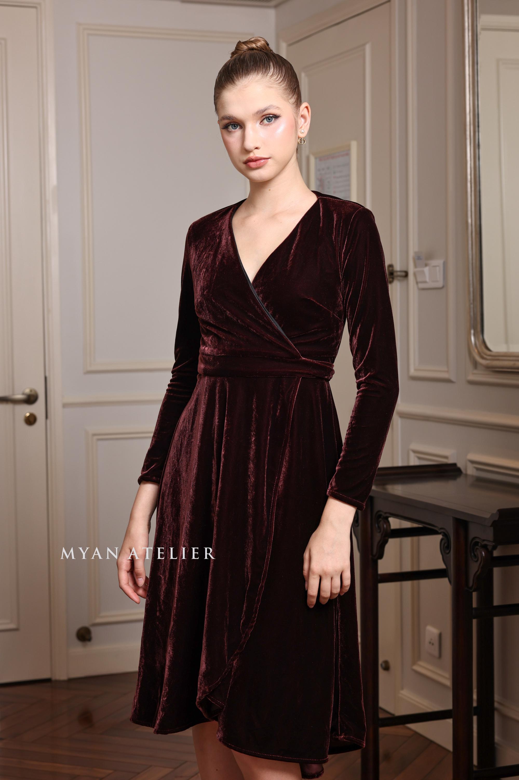 casual long sleeve velvet dress Berylove Women Dark Green Work Dress Long Sleeve Pencil Velvet Holiday Dress, Cabernet / US4