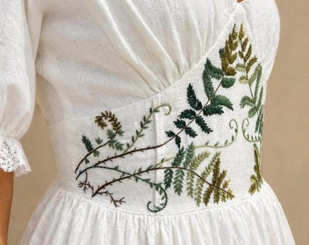 V-neckline Linen Wedding Gown, Low Scoop Back with Hand-Embroidery Bridal Dress, Custom Fit