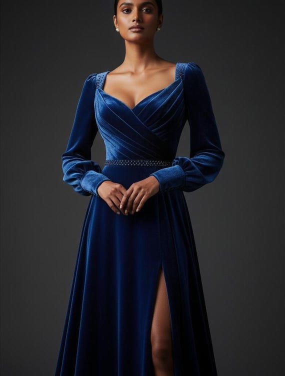tailored hand-beaded dress Handmade Beaded Velvet Dress ELYSA - High Slit Evening Dress - Custom Made