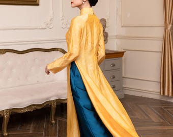 Traditional Vietnamese dress, Silk ao dai, Ao dai with pants, Yellow Vietnamese dress, Wedding Vietnamese dress, Custom made ao dai AS111