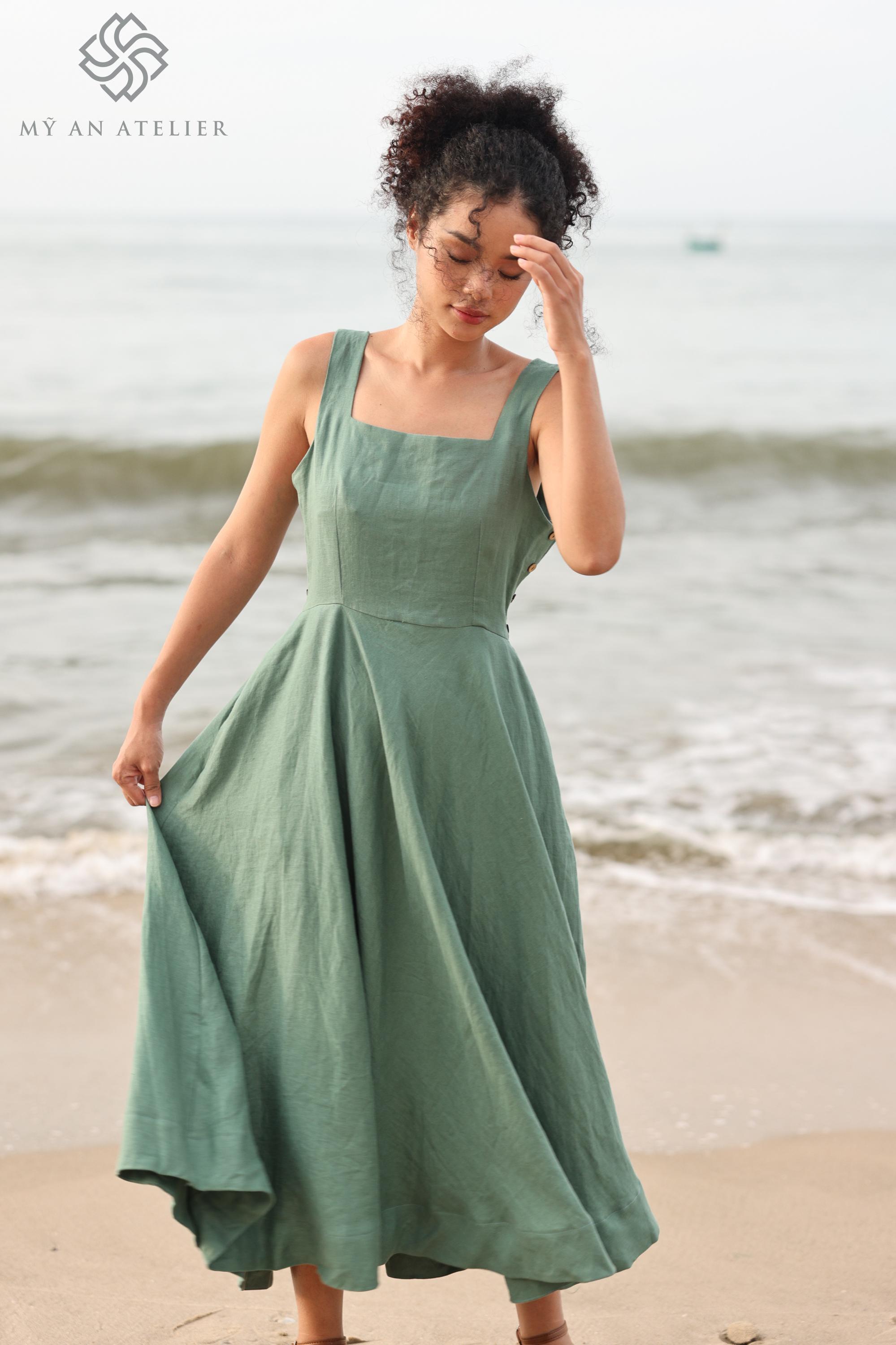 Sleeveless Square Neck Linen Dress SAFARI, Wedding guest dress, Custom fit Sleeveless Square Neck Linen Dress SAFARI, Wedding guest dress, Custom fit
