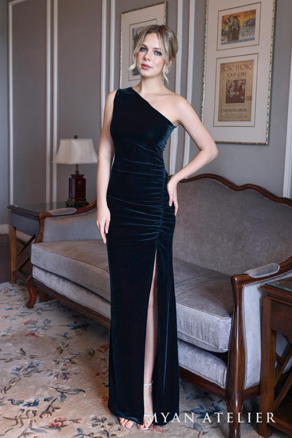 velvet one shoulder ruched maxi dress TFNC ruched one-shoulder maxi dress in olive green velvet