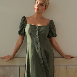 Button front linen dress AVA, Puff sleeves dress, Square neck dress, Wedding guest dress, Linen dress women, Custom dress, Linen clothing