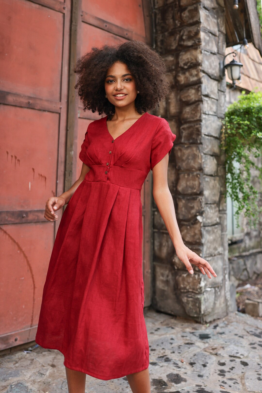 Linen Dress for Women CHORA V neck Midi Dress Linen Pleated Dress Linen Button Down Front Dress Linen Summer Dress Linen Midi Dress Etsy