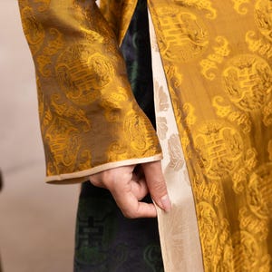 以下が含まれることがあります： 金色の装飾模様の衣服のクローズアップ。袖が見え、クリーム色の裏地と、濃い緑と黒の模様の下着が垣間見えます。衣服は装飾的なデザインで、「MYAN ATELIER」の文字が入っています。