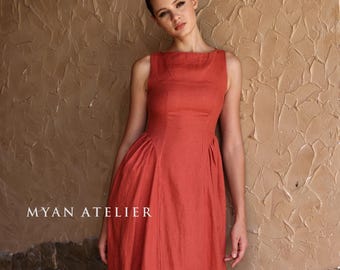 Robe midi sans manches en lin FIORA, encolure bateau, robe d'invitée de mariage, coupe sur mesure