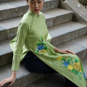 Hand painted ao dai linen, Linen ao dai women, Handmade linen Vietnamese dress, Vietnamese lunar new year dress 2024, Ao dai wedding PLA-W01
