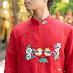 Handmade embroidery ao dai for men, Linen ao dai wedding for men, Modern Vietnamese wedding dress, Custom wedding dress, Plus size LADM-2A