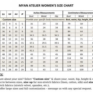 Detailed measurement guide for linen dress dress in sizes 0 US to 24 US, including a custom-size option for a perfect tailored fit.