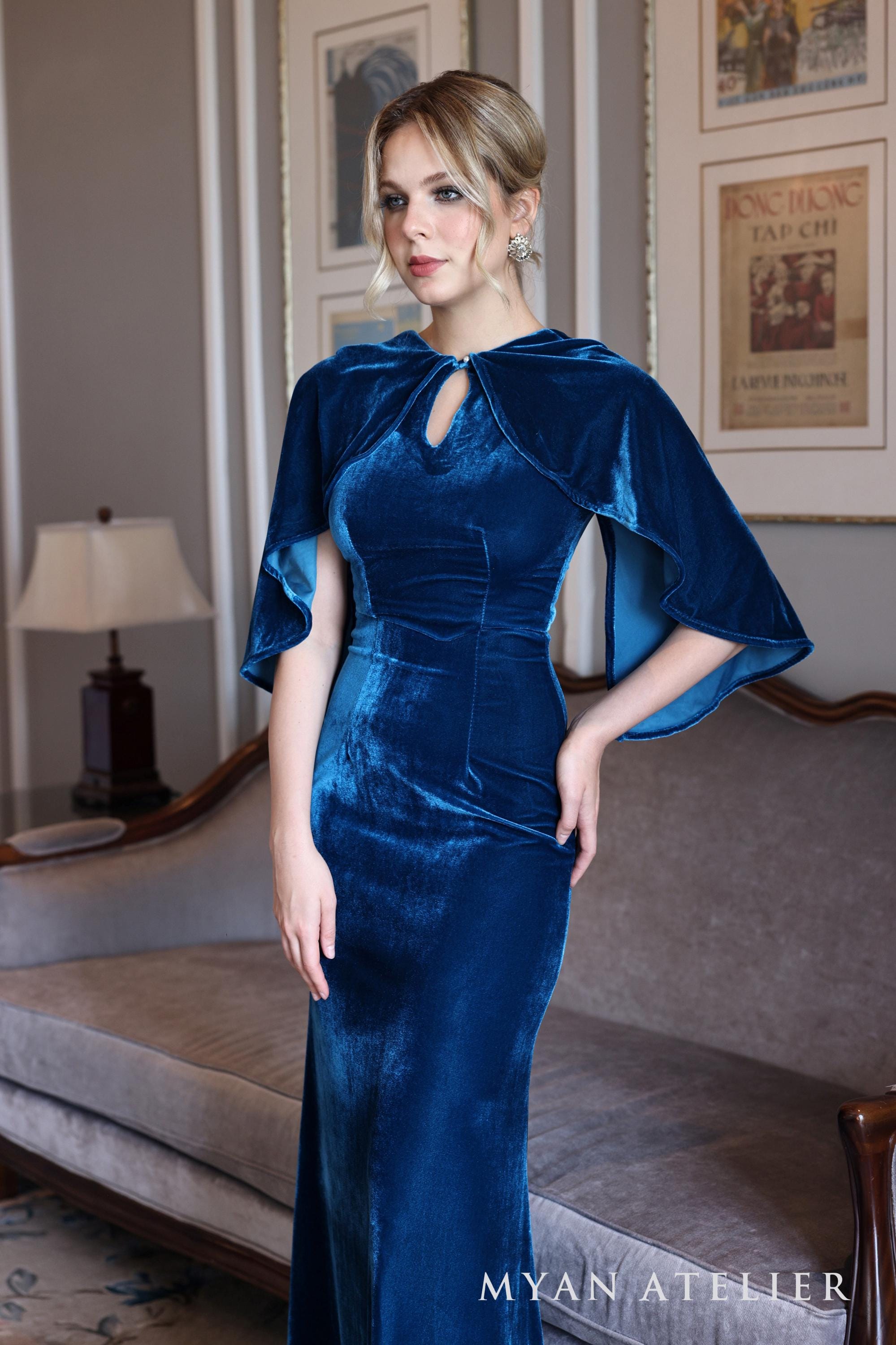 Velvet cape dress RACHEL, Floor length dress, Wedding guest dress