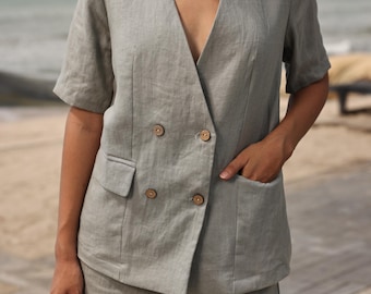 Linen vest and shorts set BARON, Front button vest, Linen wide pants, Linen two piece set for women, Linen top and high-waisted shorts set