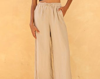 Weite Bein Leinen Hose TORI, Schlaghose mit Taschen Hose, Passgenau