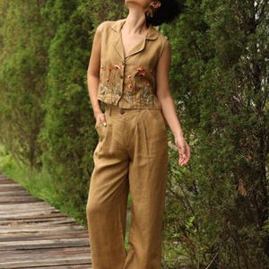 Hand Embroidered Sleeveless Linen Vest DALE, Wedding Guest Outfit, Custom fit