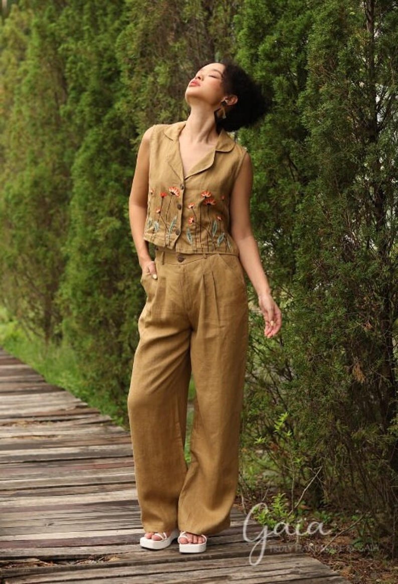 Hand Embroidered Sleeveless Linen Vest DALE, Wedding Guest Outfit, Custom fit