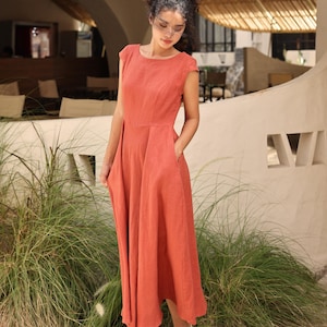 Linen dress with cap sleeves TOSCANA, Boat neck linen tunic, Casual summer dress, Linen dress women, Custom size, Custom dress