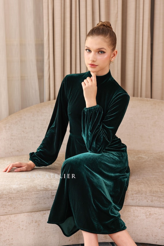 velvet a line midi dress VIOLET | | High Neck | Bishop Sleeves | Made-to-measure Wedding guests Web Collection: Party Bridesmaid dresses Color:Grey Multi Light Blue Wedding Guest