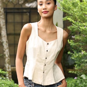 Blusa de lino con botones delanteros LENORA - Top de lino sin mangas - Hecho a pedido
