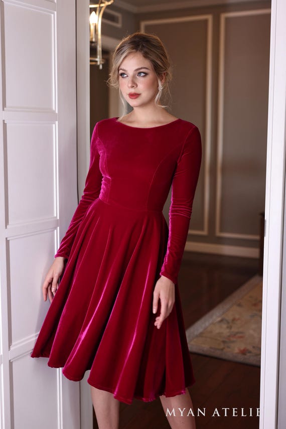 fitted lace wedding dress Kate Long Sleeve Velvet Midi Dress