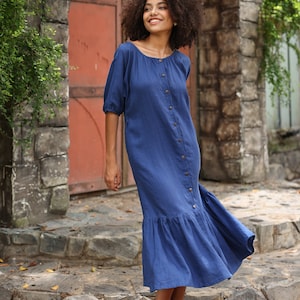 Drop ruffle linen dress CHANIA, Button front midi dress, Handmade linen dress, Linen dress for women, Custom dress, Plus size linen dress