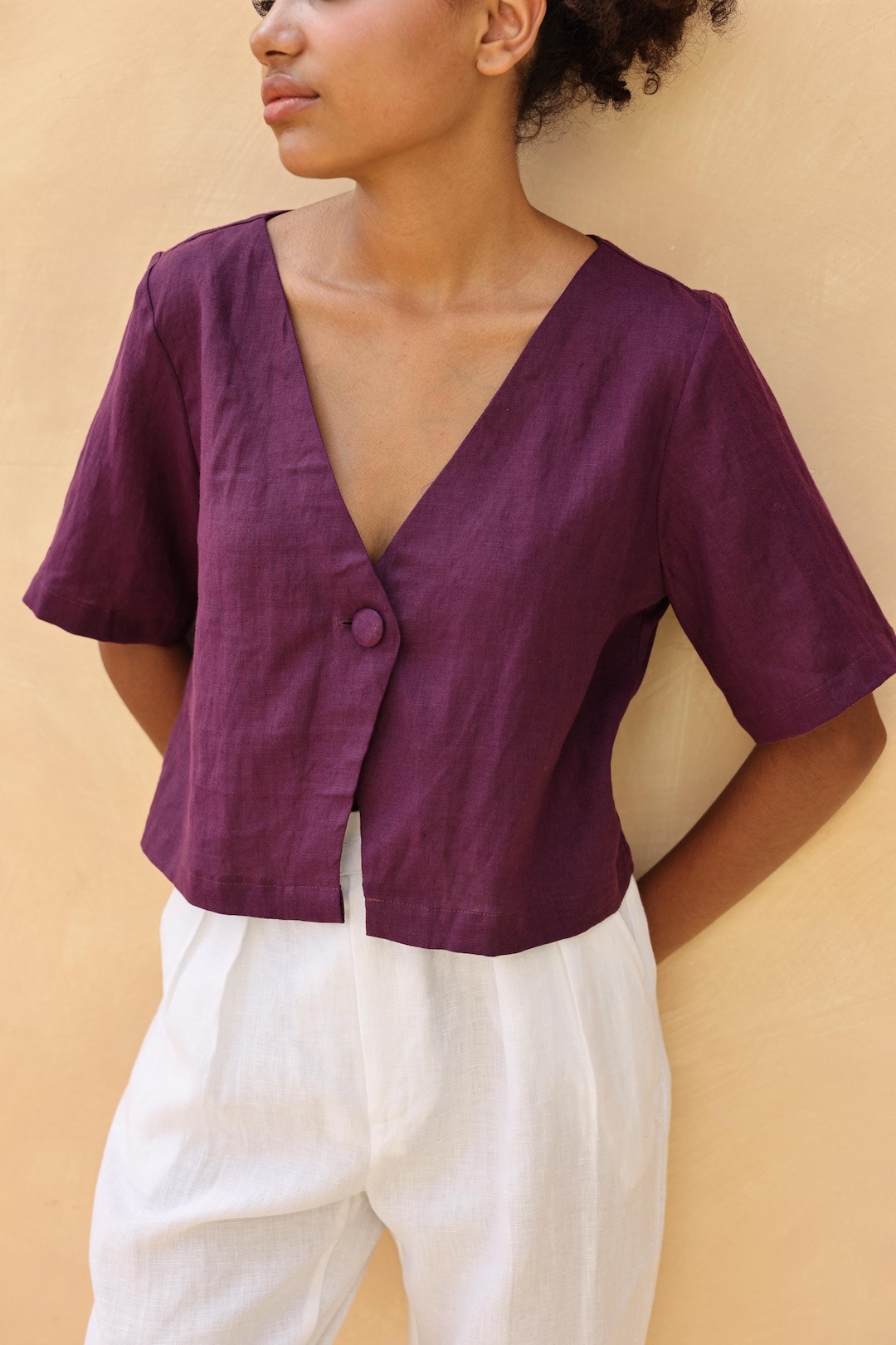 Printed Linen Blend Sleeveless Button-Up Top main image 0