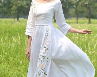 Unique embroidered floral wedding dress OLIVIA, Handcrafted linen wedding dress, Simple wedding dress, Boho wedding dress, Romantic dress