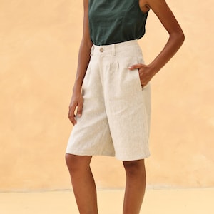 Linen loose-fitted knee-length ANIKA, Long linen shorts, Oversized linen shorts women, Linen pocket shorts, Linen waist shorts, Beach shorts
