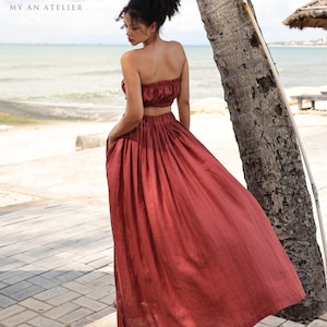 Linen skirt with side slit ESER, A-line skirt with pocket, High slit skirt, Gathered linen skirt, Linen long skirt, Maxi beach skirt