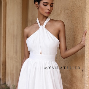 Vestido de noiva de linho com decote halter, modelo SOLENA, modelo simples, sob medida.
