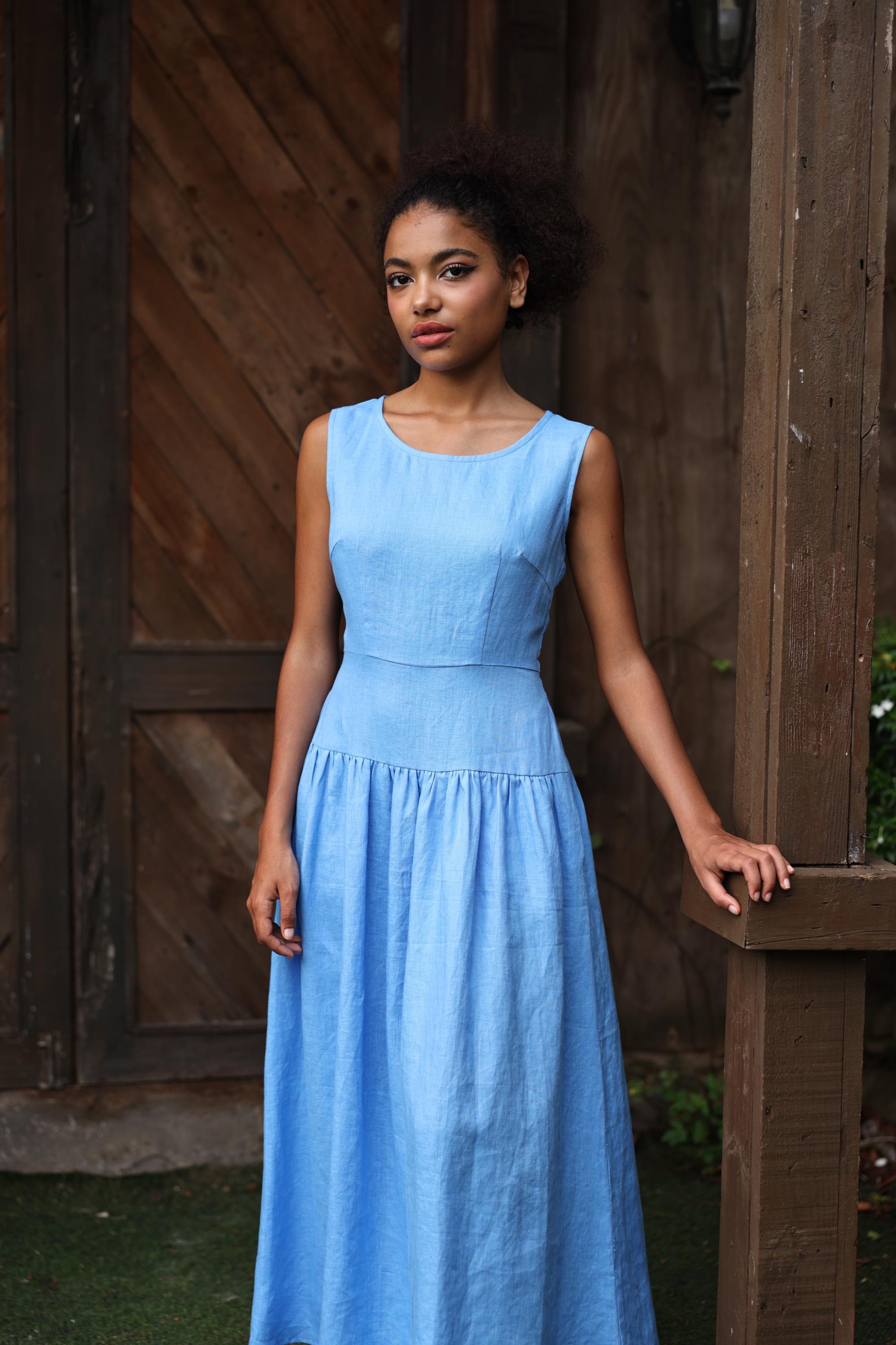 Sleeveless Dropped Waist Linen Dress WINONA, Wedding Guest Dress
