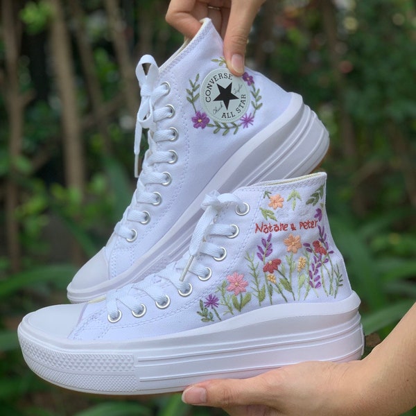 Floral embroidered converse ANNALISE, Custom bridal flat shoes, Unique wedding sneakers with name dates, Boho wedding shoes, Wedding vans