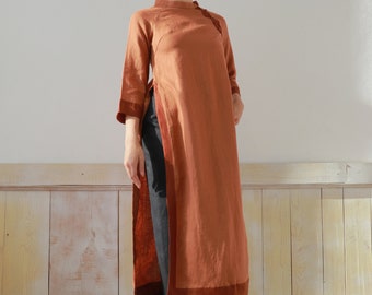 Linen ao dai for women, Loose ao dai linen, Ao dai tunic dress, Ao dai women with pants, Ao dai women modern, Vietnamese traditional ao dai