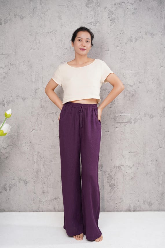 Linen wide leg drawstring pants BEATRICE, Casual summer linen trousers, Custom fit