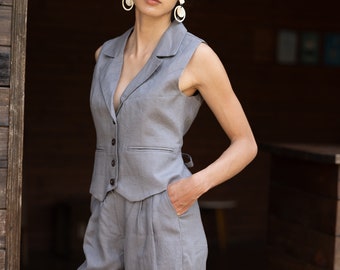 Linen vest and pants EDIE, Linen vest set, Linen summer vest, Linen waistcoat women, Linen short vest top for women, Linen vest blouse