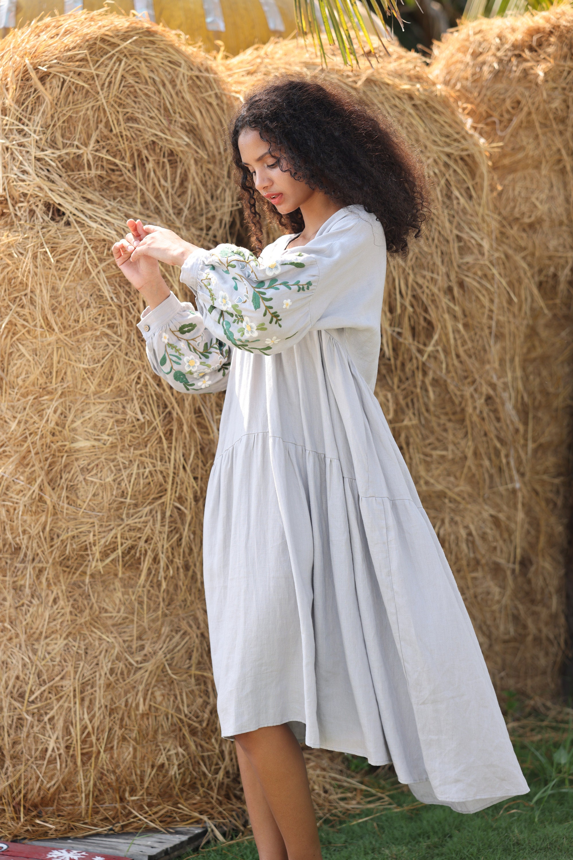Hand Embroidered V-neck High-low Linen Dress NAOMI, Wedding Guest Dress, Custom fit Hand Embroidered V-neck High-low Linen Dress NAOMI, Wedding Guest Dress, Custom fit