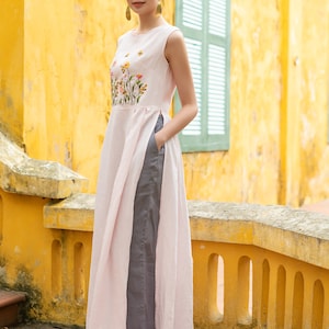 Sleeveless linen ao dai, Custom embroidery linen ao dai, Embroidered ao dai, Modern ao dai casual, Custom ao dai, Vietnam long dress ELA-W06