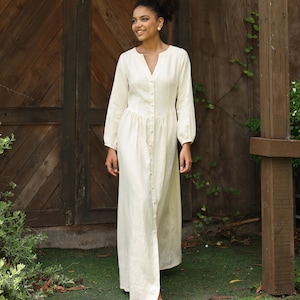 Long sleeve linen maxi dress ARGA, Button down dress, V-neck dress, Wedding guest dress, Linen dress women, Custom dress, Linen clothing