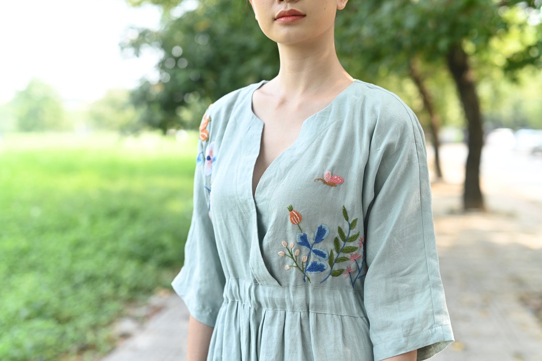 Meadow Breeze Linen Embroidered Oasis Dress 