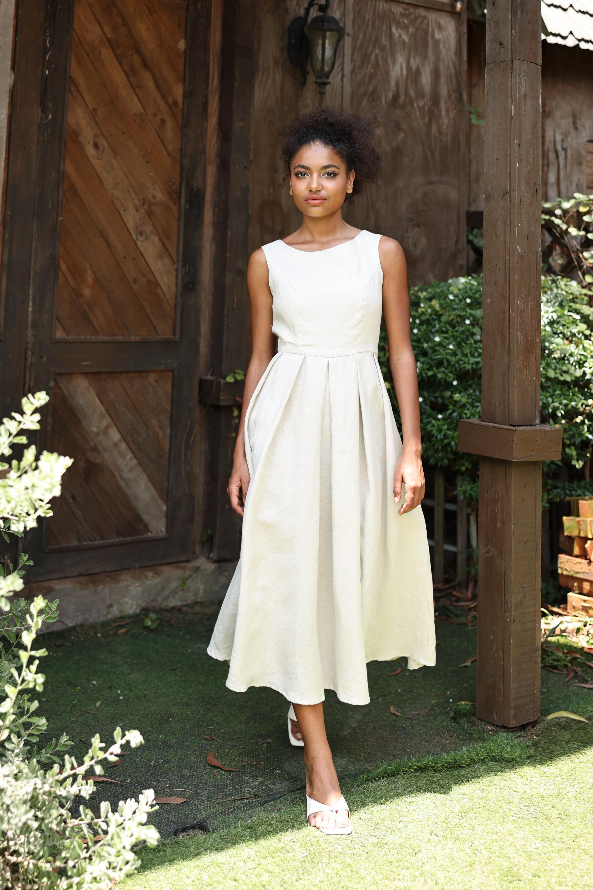 Sleeveless Fitted Top Midi Linen Dress RIVIERA, Wedding Guest Dress, Custom Fit - Etsy Sleeveless Fitted Top Midi Linen Dress RIVIERA, Wedding Guest Dress, Custom Fit - Etsy