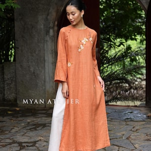 Hand-embroidered ao dai, Linen ao dai for women, Ao dai with pants, Vietnamese long dress, Unique ao dai dress, Plus size ao dai ELA-W27