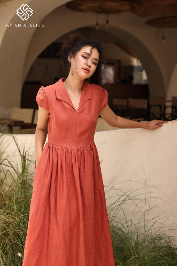 linen collared midi dress Maxi Dress for Women, Blue Linen Lightweight Short Sleeve for Summer Casual Wear