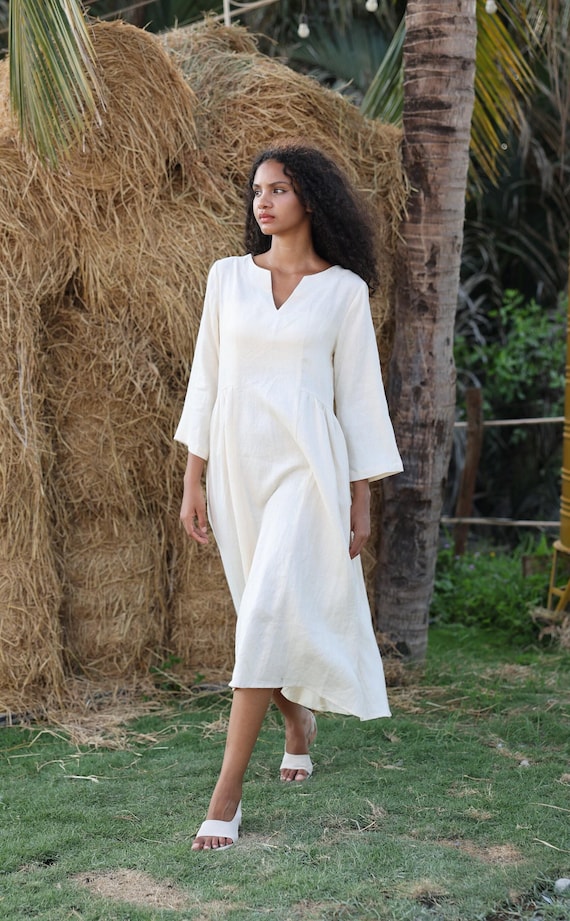 V-Neck Midi Linen Dress Zoe, Wedding Guest Dress, Custom Fit