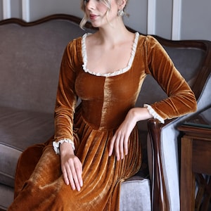 Square neck dress with ruffles SERENA, Caramel bridesmaid dress, Wedding guest dress, Formal velvet dress, Velvet dress women, Custom dress