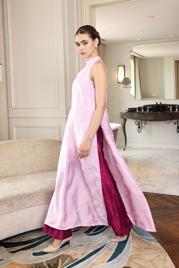 tunic style evening dresses Halter Neck Silk Vietnamese Tunic Dress, Custom Silk Ao Dai, Custom Size  AS124