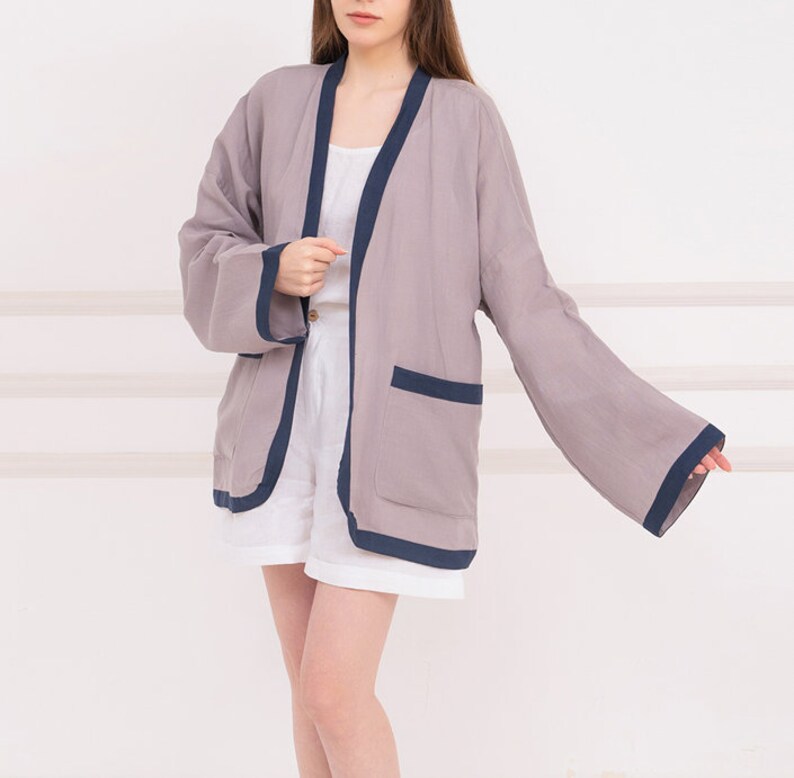 Loose ramie jacket, Jacket for Women, Linen Jacket with Pockets, Cardigan for Women, short linen summer jacket, Linen cardigan jacket image 3