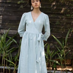 Linen wrap dress CINDY, Tie waist dress, V-neck dress, Linen midi dress, Boho dress, A-line linen dress, Wedding guest dress, Custom dress