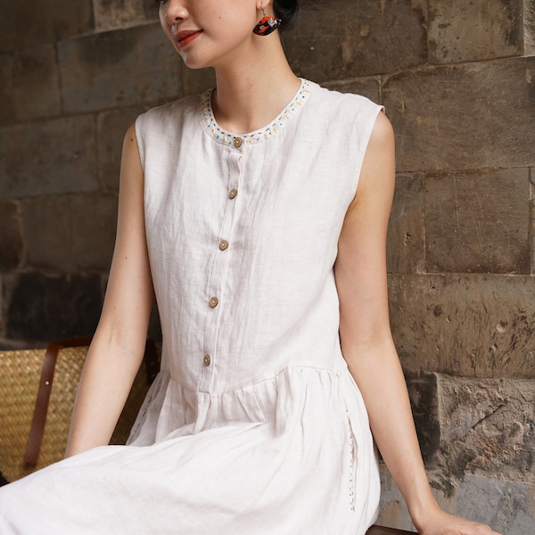 Hand-stitched Linen Midi Dress KIRA, Sleeveless A-line Summer, Custom Fit Beige Clothing
