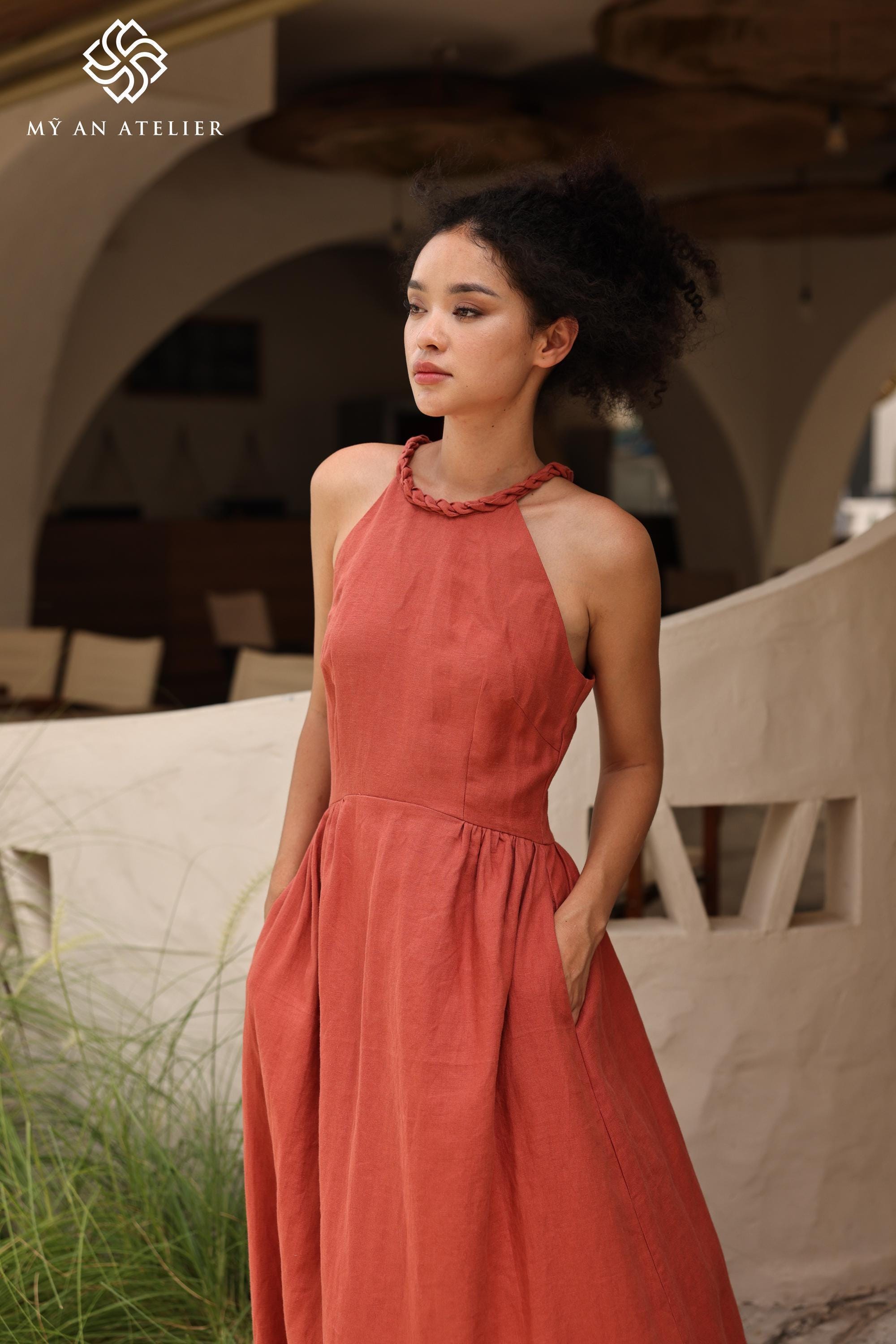 Sleeveless Halter Maxi Linen Dress CANDICE, Wedding guest dress, Custom fit
