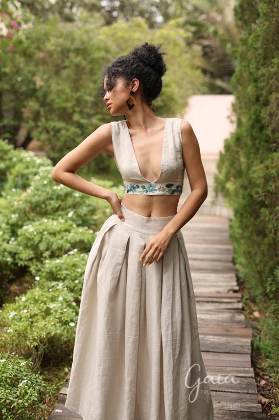 crop top and skirt formal dress Hand Embroidered Linen Crop Top and Skirt Set BLAKE, Wedding Guest Dress, Custom fit