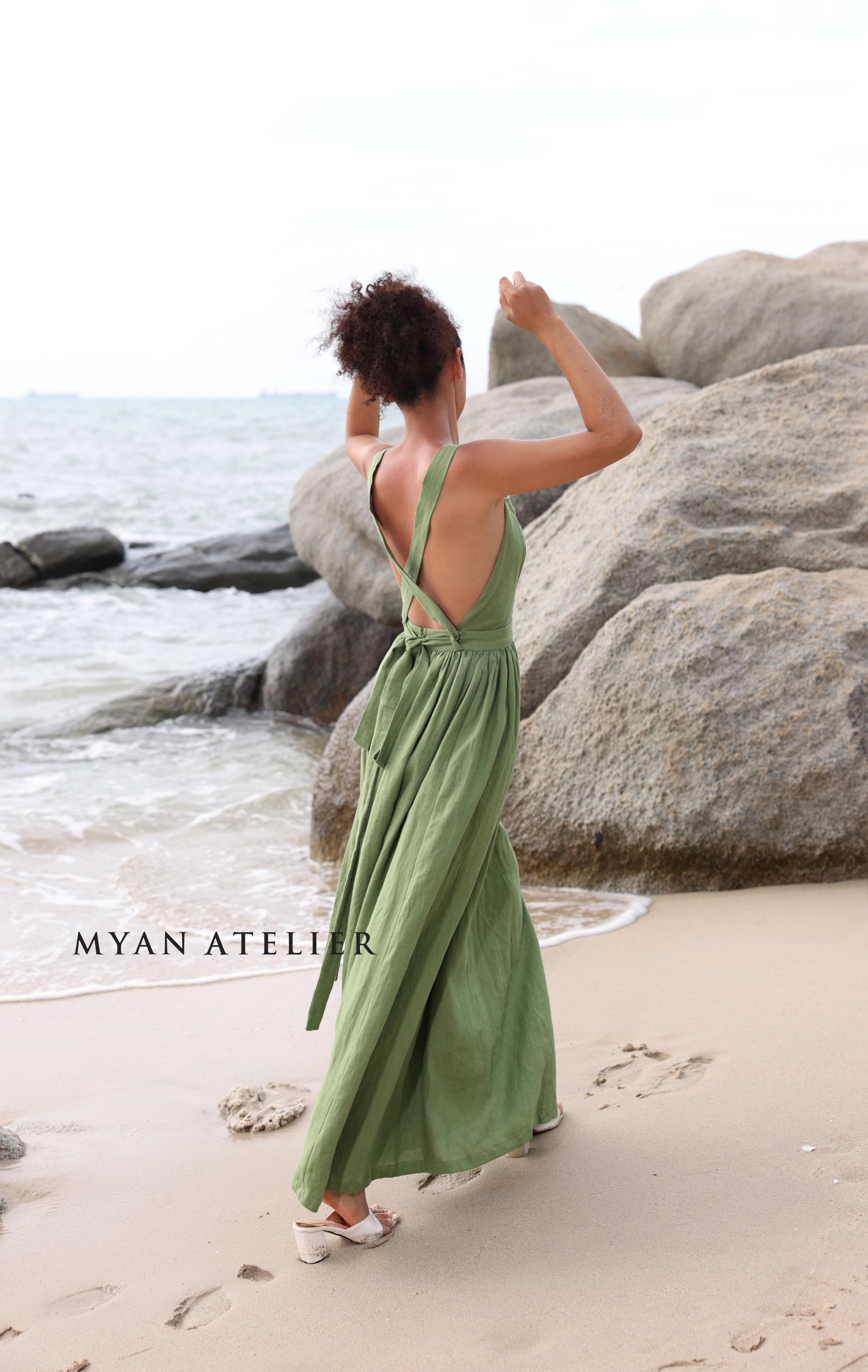 tiered linen maxi dress Turquoise Button Front Tiered Linen Maxi Dress main image 0
