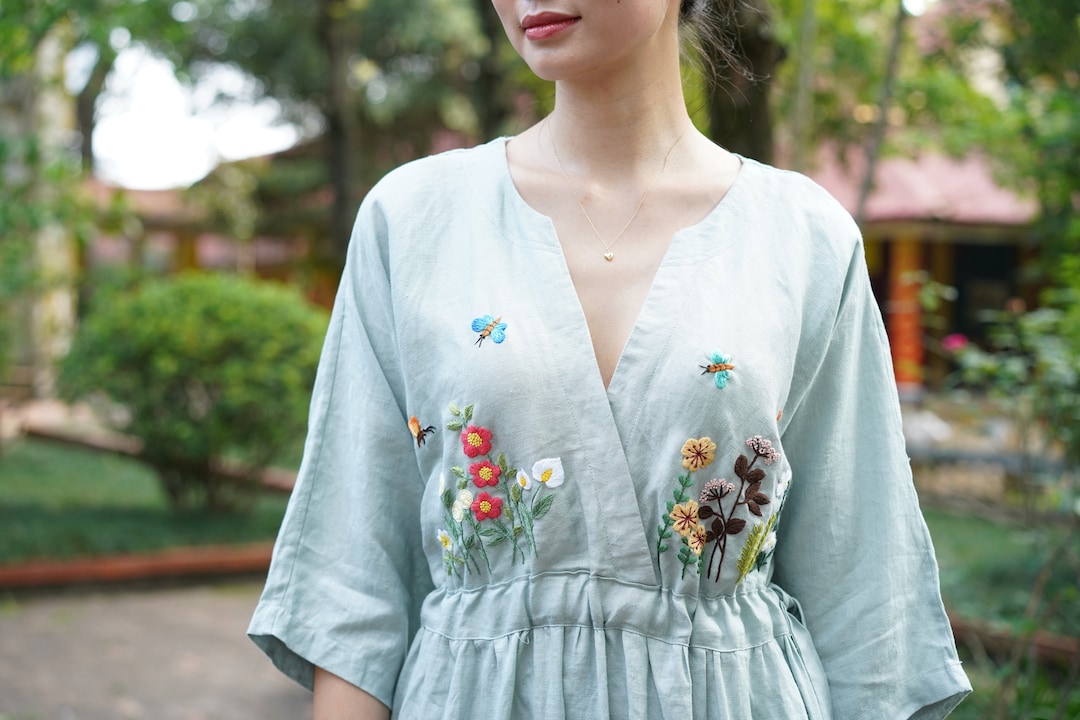 Floral Embroidered Linen Dress Wedding Guest Dress Aline Etsy